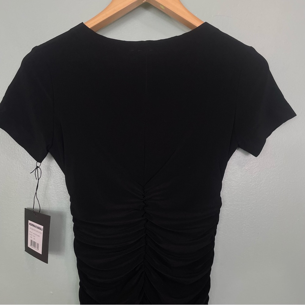 Norma Kamali Short Sleeve Crew Neck Shirred Waist‎ Dress Black Midi Body Con - Picture 9 of 11